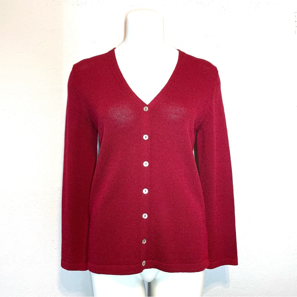 VTG Margaret O’Leary Garnet Red Wool Viscose Slinky Knit V Neck Cardigan Size XS